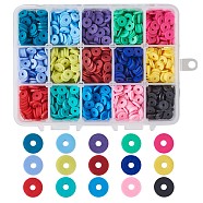 Handmade Polymer Clay Beads, Disc/Flat Round, Heishi Beads, Mixed Color, 8x0.5~1mm, Hole: 2mm, 15colors, about 190~200pcs/color, 2850~3000pcs/box(DIY-X0293-74B)