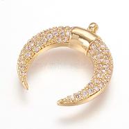 Brass Micro Pave Cubic Zirconia Pendants, Crescent Moon/Double Horn, Real 18K Gold Plated, 18x17x3mm, Hole: 1mm(ZIRC-G107-05G)