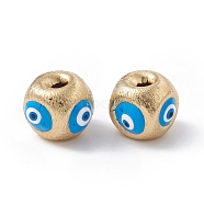 Brass Beads, with Enamel, Real 18K Gold Plated, Cube with Evil Eye, Deep Sky Blue, 10.5x11.5x11mm, Hole: 2.5mm(KK-A176-01G-07)