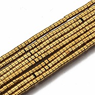 Electroplate Non-magnetic Synthetic Hematite Beads Strands, Column, Golden Plated, 1.5x1mm, Hole: 0.5mm, about 377~383pcs/strand, 15.75 inch~15.94 inch(40cm~40.5cm)(G-T114-57-G)