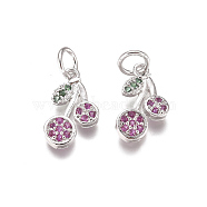 Brass Micro Pave Cubic Zirconia Charms, with Jump Rings, Cherry, Magenta & Green, Platinum, 12x7x1.5mm, Hole: 3mm(X-ZIRC-I038-13P)