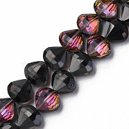Electroplate Transparent Glass Beads Strands, Half Plated, Faceted, Teardrop, Black, 10.5x12x6.5mm, Hole: 1mm, about 60pcs/strand, 25.59 inch(65cm)(EGLA-N002-36-D02)