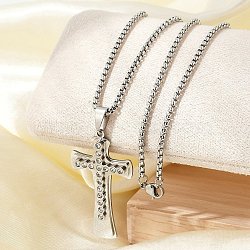 304 Stainless Steel Clear Cubic Zirconia Religion Cross Pendant Box Chain Necklaces for Men, Stainless Steel Color, 23.62 inch(60cm)(NJEW-S387-06P)