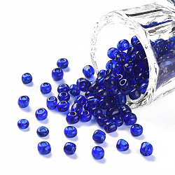 Glass Seed Beads, Transparent, Round, Round Hole, Blue, 6/0, 4mm, Hole: 1.5mm, about 500pcs/50g, 50g/bag, 18bags/2pounds(SEED-US0003-4mm-8)