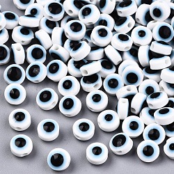 Resin Beads, Flat Round, Evil Eye, White, 6x4mm, Hole: 1.5mm(RESI-S339-4x6-26)