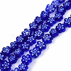 Handmade Millefiori Glass Bead Strands, Plum Bossom, Medium Blue, 6~7x6~8x2.5~3mm, Hole: 1mm, about 63~65pcs/strand, 15.55 inch~15.94 inch(39.5~40.5cm)(LAMP-N029-017A-02)