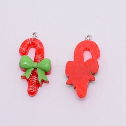 Opaque Resin Pendants with Platinum Tone Iron Accessories, for Christmas, Cane, Red, 35x17.5x6.5mm, Hole: 1.5mm(RESI-WH0014-17)