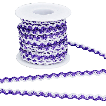 15M Polyester Wavy Fringe Trim Ribbon, Two Tone Wave Bending Lace Trim, for Clothes Sewing and Art Craft Decoration, White, Blue Violet, 1/4 inch(8mm), about 16.40 Yards(15m)/Roll