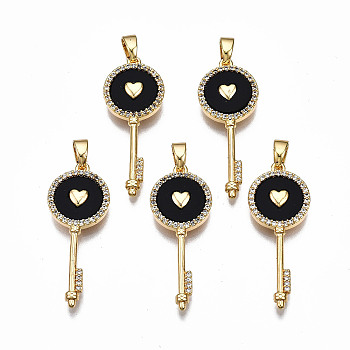 Brass Micro Pave Clear Cubic Zirconia Pendants, with Enamel, Nickel Free, Key with Heart, Real 18K Gold Plated, Black, 29x11.5x3mm, Hole: 2.5x4.5mm