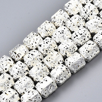 Electroplated Natural Lava Rock Beads Strands, Hexagon, Bumpy, Silver Plated, 8x7.5x6.5mm, Hole: 1.2mm, about 50pcs/strand, 15.35 inch~15.75 inch(39cm~40cm)