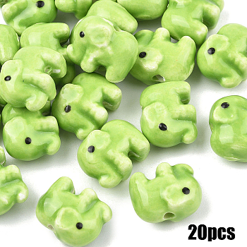 20Pcs Handmade Porcelain Beads, Hand Painted Ceramic Beads, Famille Rose Style, Elephant, Green Yellow, 11x14x8mm, Hole: 1.6~1.8mm