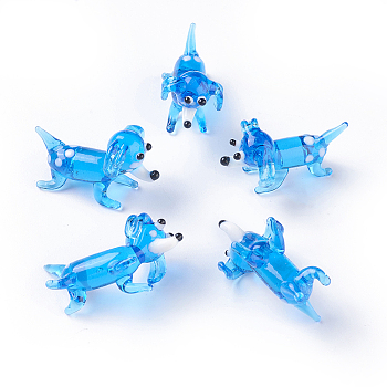 Handmade Lampwork Puppy Home Display Decorations, 3D Cartoon Dog, Dodger Blue, 17~20x9~10x13~15mm