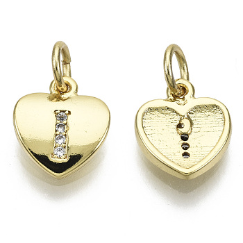 Brass Micro Pave Clear Cubic Zirconia Charms, with Jump Ring, Heart with Letter, Real 16K Gold Plated, Nickel Free, Letter.I, 10x9x2mm, Jump Ring: 5x1mm, 3mm inner diameter