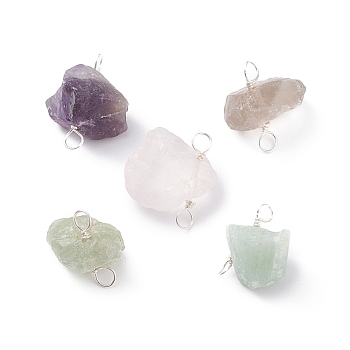 Natural Gemstone Connector Charms, with Eco-Friendly Golden Tone Copper Wire Wrapped, Nuggets, Silver, 16~22x12~16.5x6.5~13mm, Hole: 2.6~3.3mm