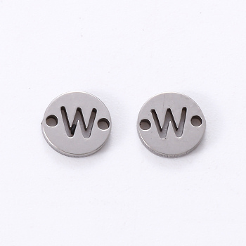 201 Stainless Steel Links, Laser Cut, Flat Round with Letter, Letter.W, 6x6x1mm, Hole: 0.8mm
