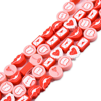 Handmade Polymer Clay Beads Strands, Flat Round with Word Love & Heart, Mouth and Letter, Red, 5.5~9.5x9~11x4~5mm, Hole: 1.6mm, about 40pcs/strand, 15.16 inch~15.55 inch((38.5~39.5cm)