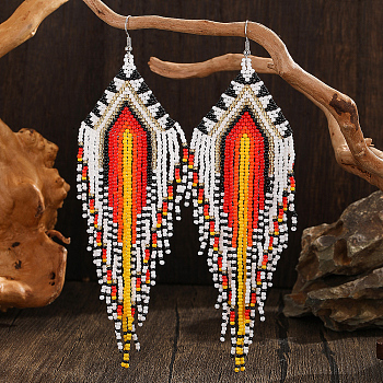 Bohemian Style Handmade Glass Bead Dangle Earrings for Daily Wear, Platinum, White, 158x47mm