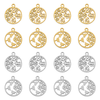 16Pcs 4 Style 304 Stainless Steel Textured Pendants, Hollow, Flat Round with Butterfly & Flower, Mixed Color, 20x17.5x2mm, Hole: 1.4mm, 4pcs/style