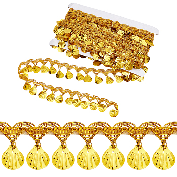 Polyester Fringe Lace Trims, with Plastic Shell Shaped Tassel, Clothes Decor, Goldenrod, 1-1/2 inch(38mm), about 10.00 Yards(9.14m)/Skein