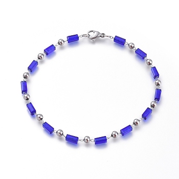 304 Stainless Steel Beaded Bracelets, with Rectangle Glass Beads and Lobster Claw Clasps, Blue, 9 inch(23cm)