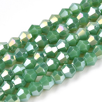 Opaque Solid Color Electroplate Glass Beads Strands, AB Color Plated, Faceted, Bicone, Medium Sea Green, 2.9~3.3x2.5mm, Hole: 0.7mm, about 145~150pcs/strand, 16.34~16.54 inch(41.5~42cm)