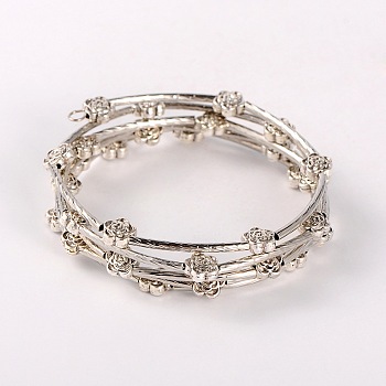 Brass Tube 5-Loops Wrap Bracelets, with Tibetan Style Flower Beads, Antique Silver, 51mm