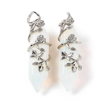 Opalite Double Terminal Pointed Pendants, Brass Flower Wrapped Faceted Bullte Charms, Platinum, 50x12x15mm, Hole: 9x5mm