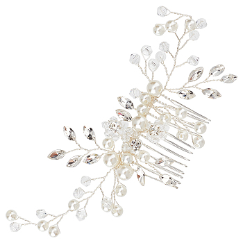 Fashionable Wedding Alloy Rhinestone Hair Combs, with Plastic Imitation Pearl, Bridal Tiaras, Silver, 62x135x16mm