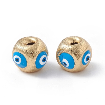 Brass Beads, with Enamel, Real 18K Gold Plated, Cube with Evil Eye, Deep Sky Blue, 10.5x11.5x11mm, Hole: 2.5mm