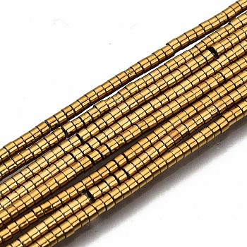 Electroplate Non-magnetic Synthetic Hematite Beads Strands, Column, Golden Plated, 1.5x1mm, Hole: 0.5mm, about 377~383pcs/strand, 15.75 inch~15.94 inch(40cm~40.5cm)