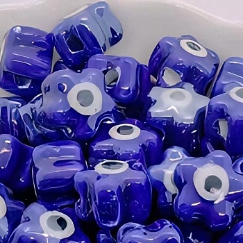 Handmade Porcelain Ceramic Beads, Famille Rose Style, Flower with Evil Eye, Dark Blue, 11x8mm, Hole: 4mm