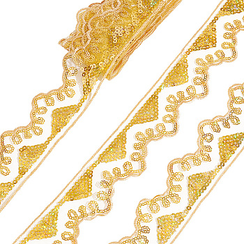 Embroidery Polyester Lace Ribbons, Jacquard Ribbon, with Sequin, Floral Pattern, Gold, 2 inch(50mm), 10 yards/strand