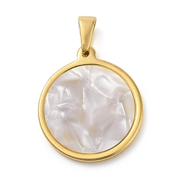 Resin Imitation White Shell Pendants, Golden Tone 304 Stainless Steel Charms, Flat Round, 32.5x28.5x3.5mm, Hole: 7.8x5.2mm