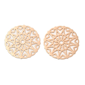 Long-Lasting Plated Brass Filigree Joiners, Etched Metal Embellishments, Flat Round with Flower, Light Gold, 18x0.3mm, Hole: 1.5mm