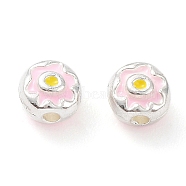 Alloy Enamel Beads, Lead Free & Cadmium Free, Flat Round with Flower, Silver, 4.5x3.5mm, Hole: 1.2mm(PALLOY-K007-01S)
