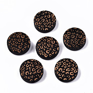 Painted Natural Wood Beads, Laser Engraved Pattern, Flat Round with Leopard Print, Black, 15x4.5mm, Hole: 1.5mm(WOOD-T021-49A-01)