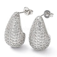 Cubic Zirconia Teardrop Stud Earrings, Platinum Brass Earrings for Woman, Clear, 20x12mm(EJEW-H137-01P-01)