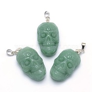 Natural Green Aventurine Pendants, with Brass Findings, Skull, Platinum, 33x20x11~13.5mm, Hole: 4x5mm(G-P393-A02)