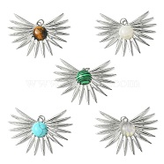 Natural & Synthetic Mixed Gemstone Pendants, 304 Stainless Steel Wing Charms with Jump Rings, 27x42.5x5.6~5.9mm, Hole: 2.6mm(PALLOY-JF02195)