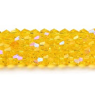Transparent Electroplate Glass Beads Strands, AB Color Plated, Faceted, Bicone, Gold, 2mm, about 162~185pcs/strand, 12.76~14.61 inch(32.4~37.1cm)(GLAA-F029-2mm-D22)