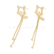 Clear Cubic Zirconia Cat and Fish with Long Tassel Dangle Stud Earrings, Brass Jewelry for Women, Golden, 61x17.5mm, Pin: 0.5mm(EJEW-SZ0001-83)