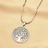 304 Stainless Steel Flat Round with Tree of Life Pendant Necklaces, with Polymer Clay Rhinestones, Stainless Steel Color, 20.16 inch(51.2cm)(NJEW-S007-16P)