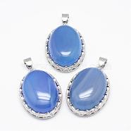 Natural Blue Agate Pendants, with Brass Findings, Oval, Dyed, Platinum, 30x21x10~11mm, Hole: 6x4mm(G-D851-14)