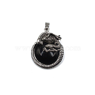 Natural Black Stone Pendants, Flat Round Charms with Skeleton, with Antique Silver Plated Metal Findings, 40x35mm(FIND-PW0025-10AS-10)