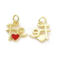 Rack Plating Brass Enamel Charms, with Jump Ring, Long-Lasting Plated, Real 18K Gold Plated, Cadmium Free & Lead Free, Word Fe with Heart, Red, 13.5x12.5x2.5mm, Jump Ring: 5x0.8mm, Inner Diameter: 3mm(KK-C008-18G-02)