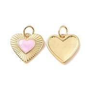 Heart Brass Enamel Pendants, Real 18K Gold Plated, with Jump Rings, Cadmium Free & Nickel Free & Lead Free, Pearl Pink, 13x13.5x2mm, Hole: 3.4mm(KK-G435-07G-02)