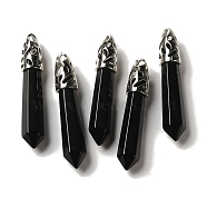 Natural Obsidian Pointed Big Pendants, Faceted Bullet Charms with Rack Plating Platinum Plated Brass Findings, 56~65x11~11.5x10~10.5mm, Hole: 4X3mm(G-Z055-01P-25)