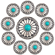 10Pcs 1-Hole Alloy & Turquoise Buttons, Flat Round with Sunflowers Pattern, for DIY Luggage and Hardware Accessaries, Dark Turquoise, 30x10.3~10.8mm, Hole: 2.5mm(FIND-GF0003-47)