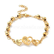 Vacuum Plating 304 Stainless Steel Heart Link Bracelet with Beaded Chains for Women, Golden, 7-3/8 inch(18.8cm)(BJEW-E108-09G)