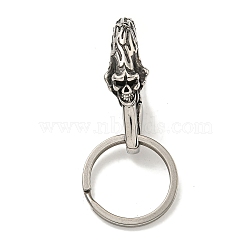 Tibetan Style 316 Surgical Stainless Steel Fittings with 304 Stainless Steel Key Ring, Skull, Antique Silver, 63.5mm(FIND-Q101-17AS)